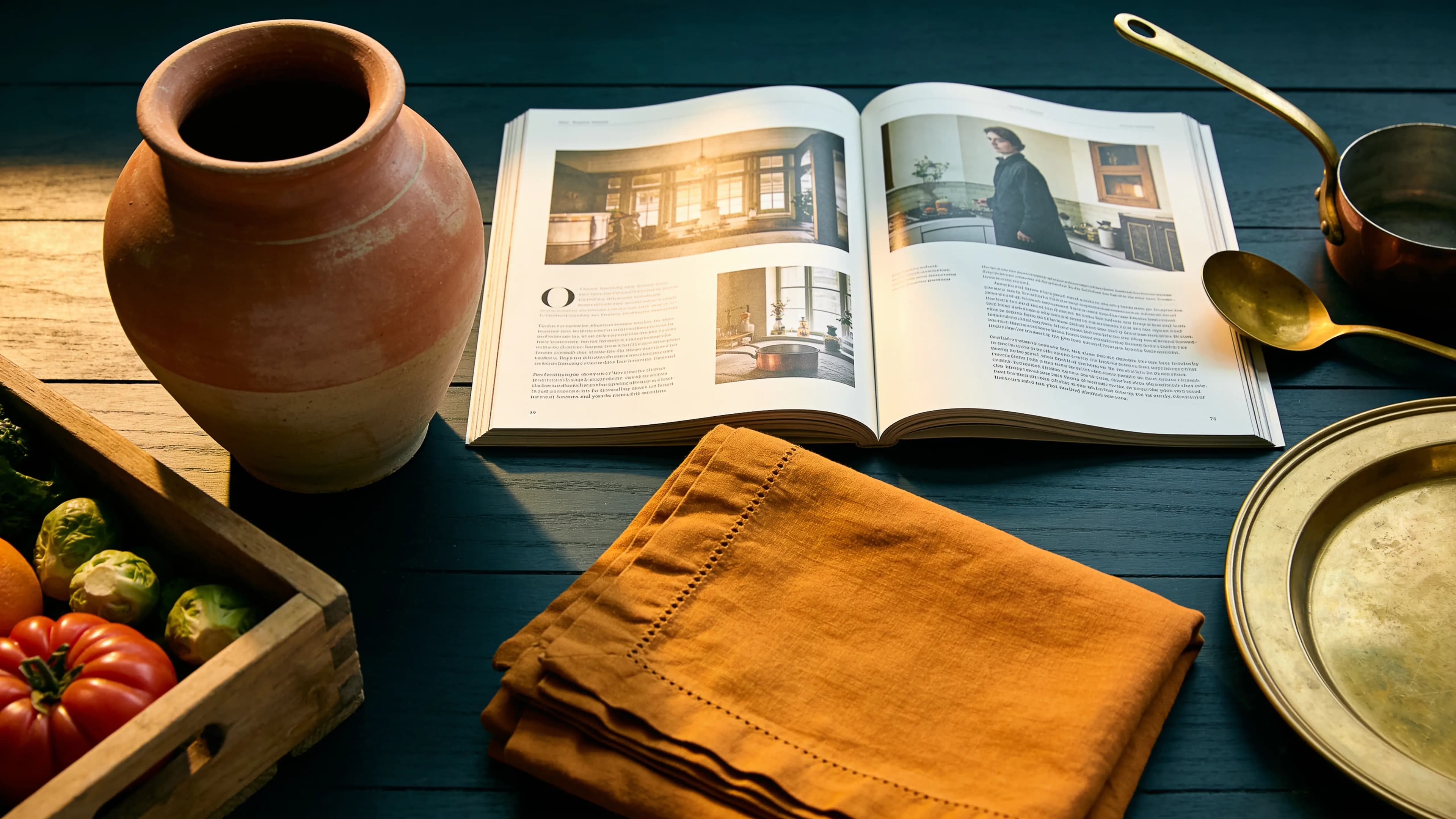A terracotta pot, folded linen, a brass plate and fresh vegetables beside an open catalogue