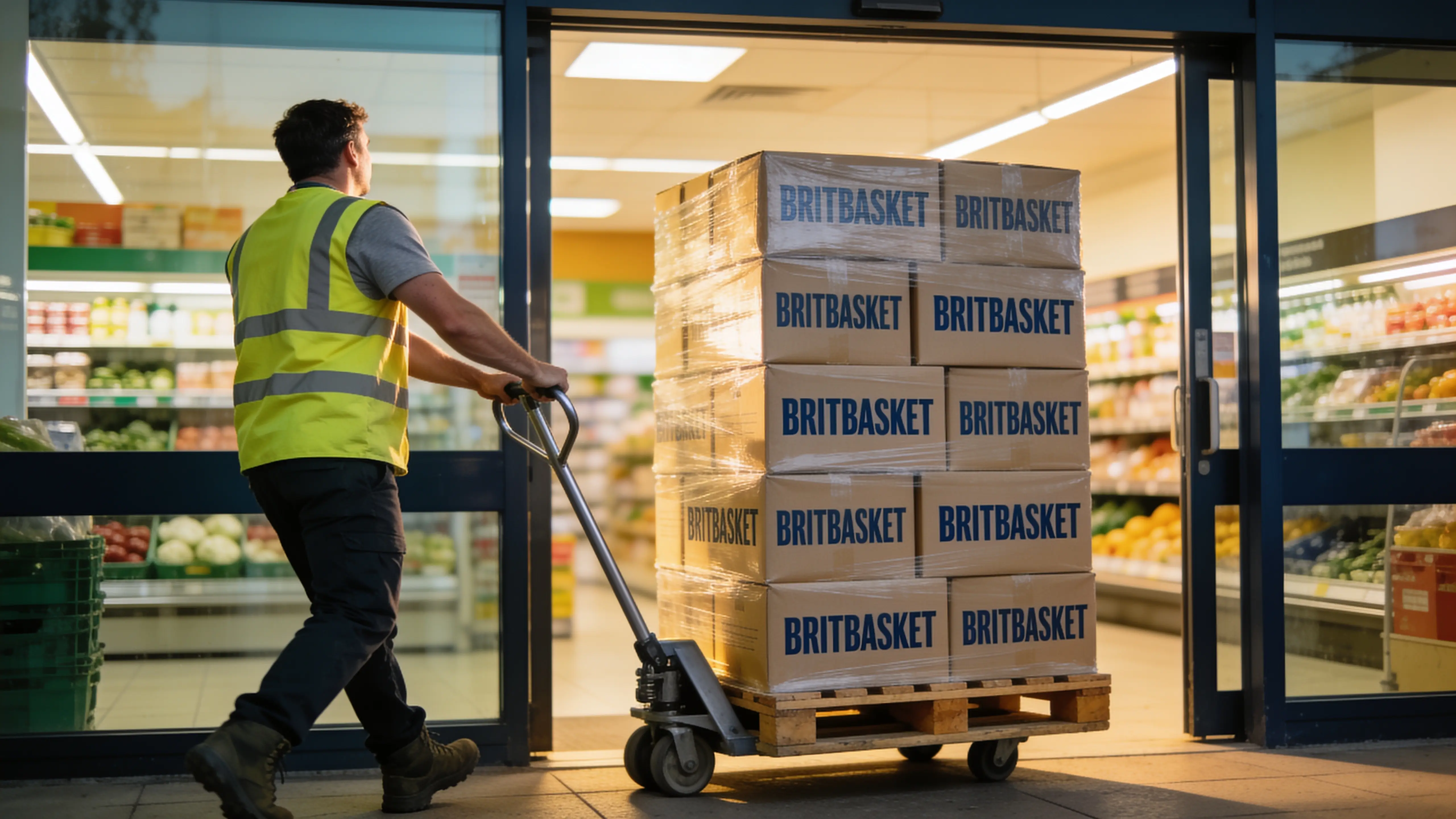 A worker wheeling a pallet of BRITBASKET cartons into a shop