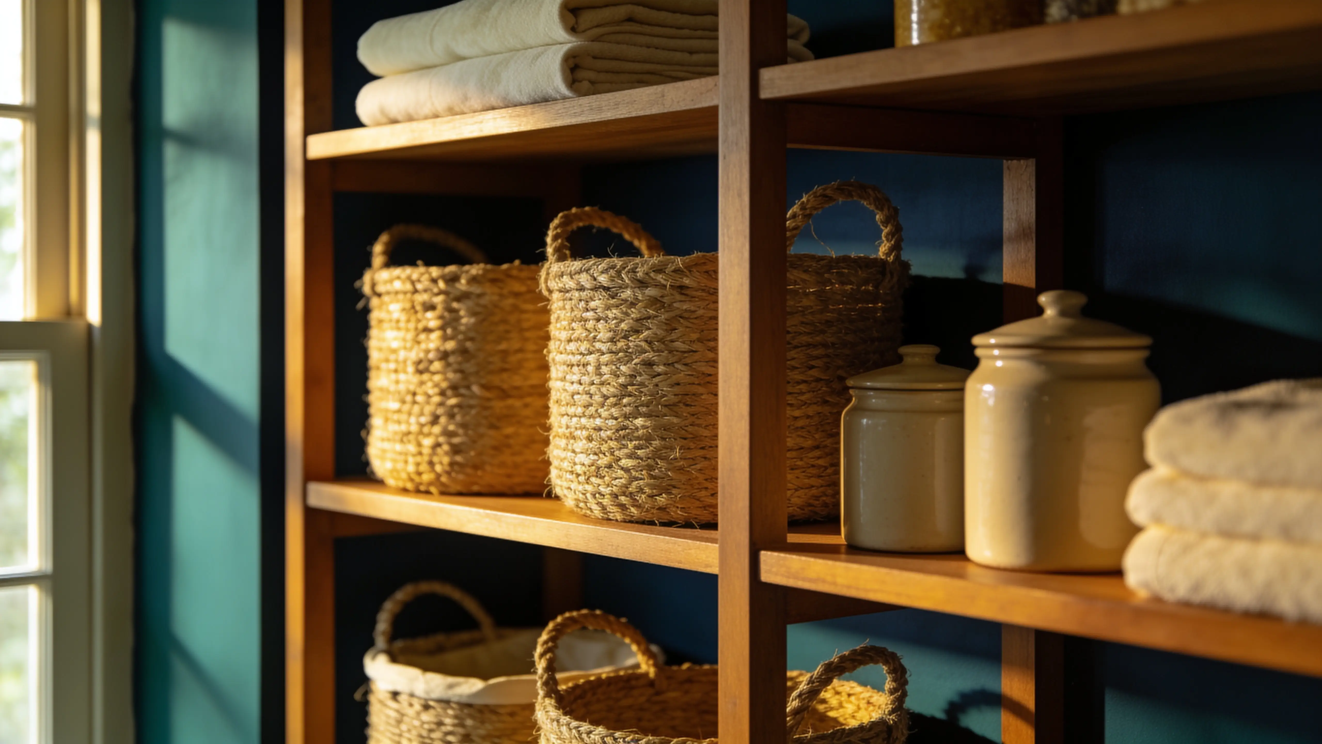 Folded towels, woven baskets and ceramic jars on wooden shelves