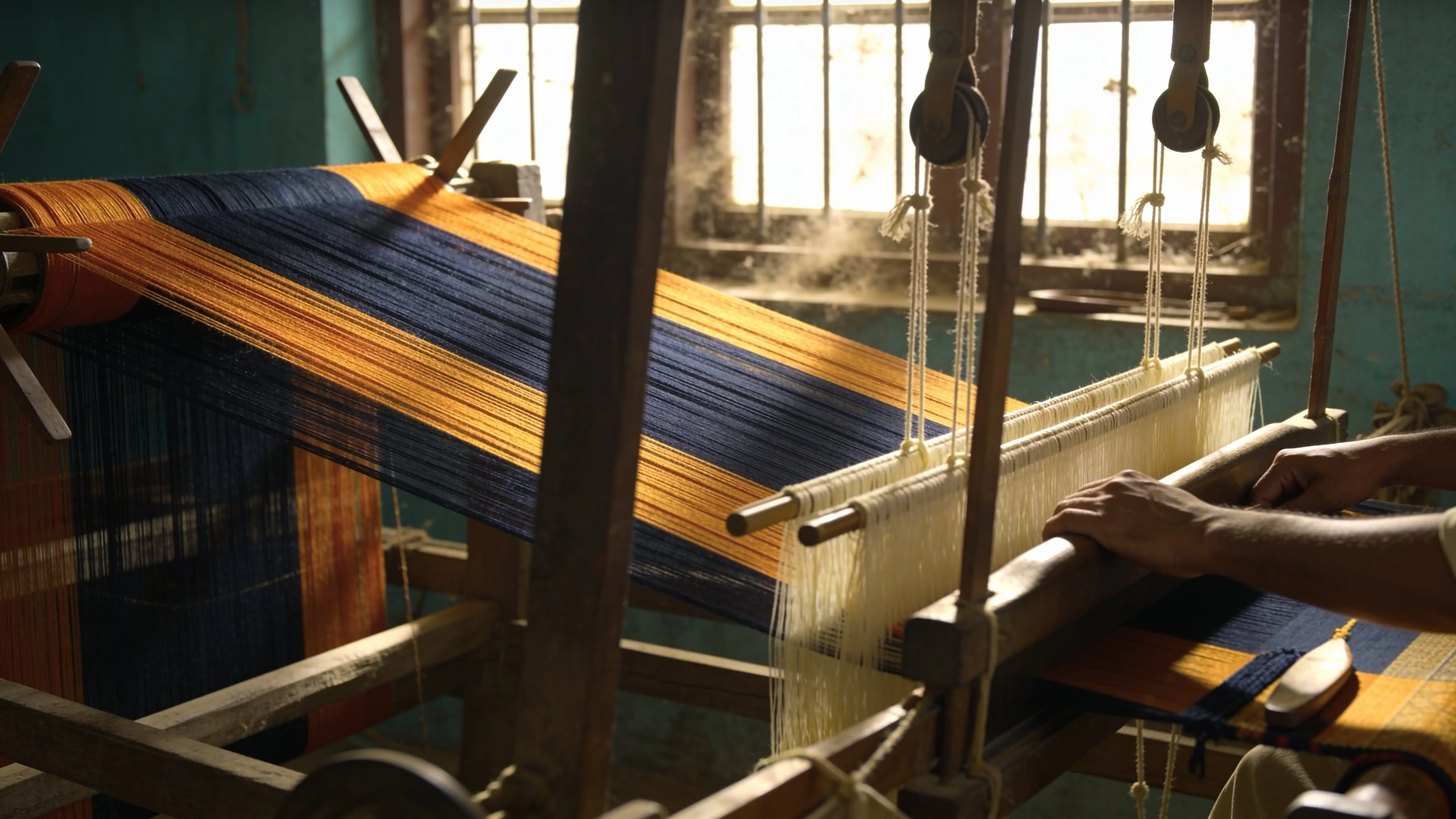 Hands working a wooden handloom strung with indigo and saffron yarn