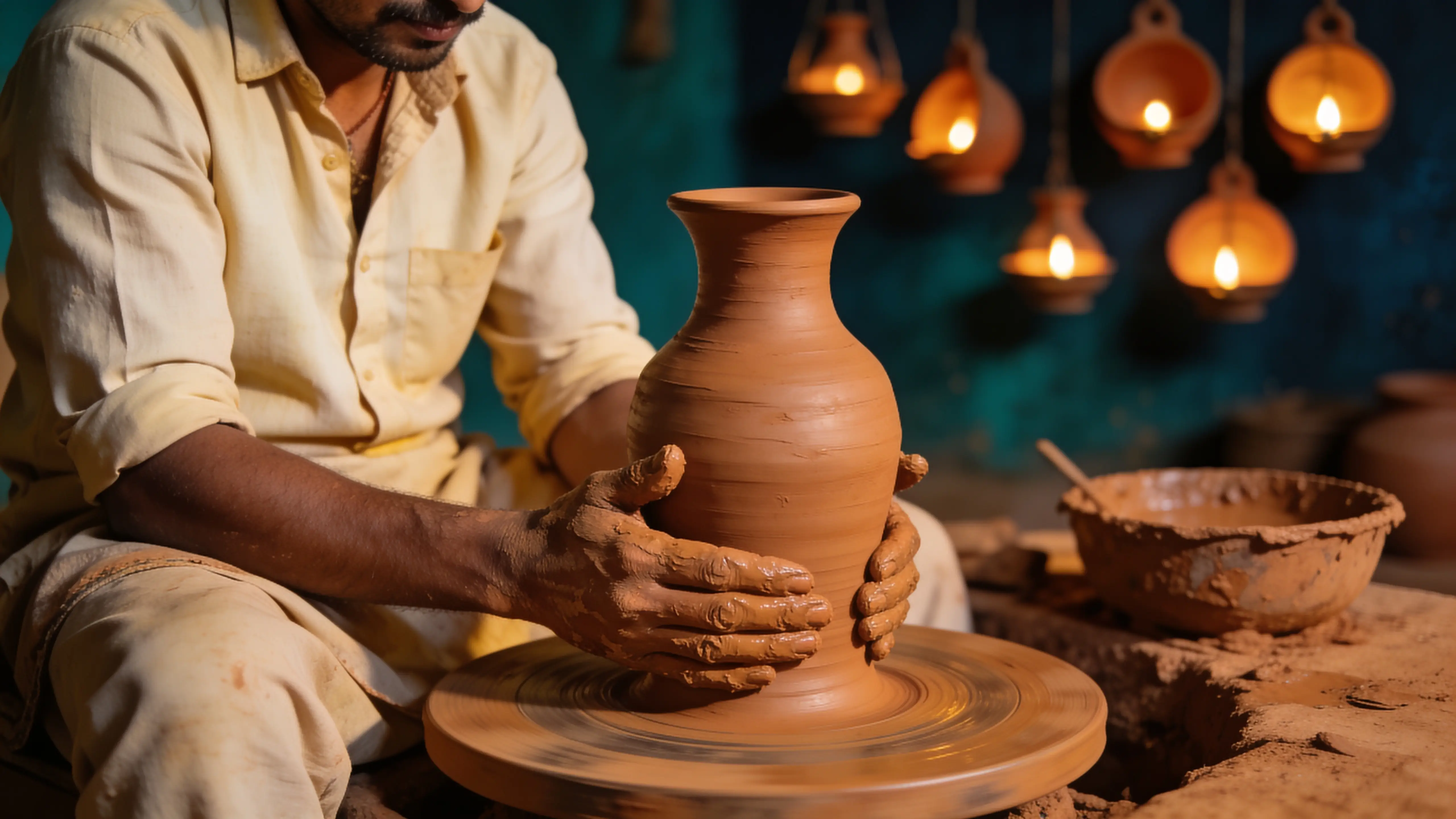 A potter shaping a terracotta pot on a wheel under hanging clay lamps