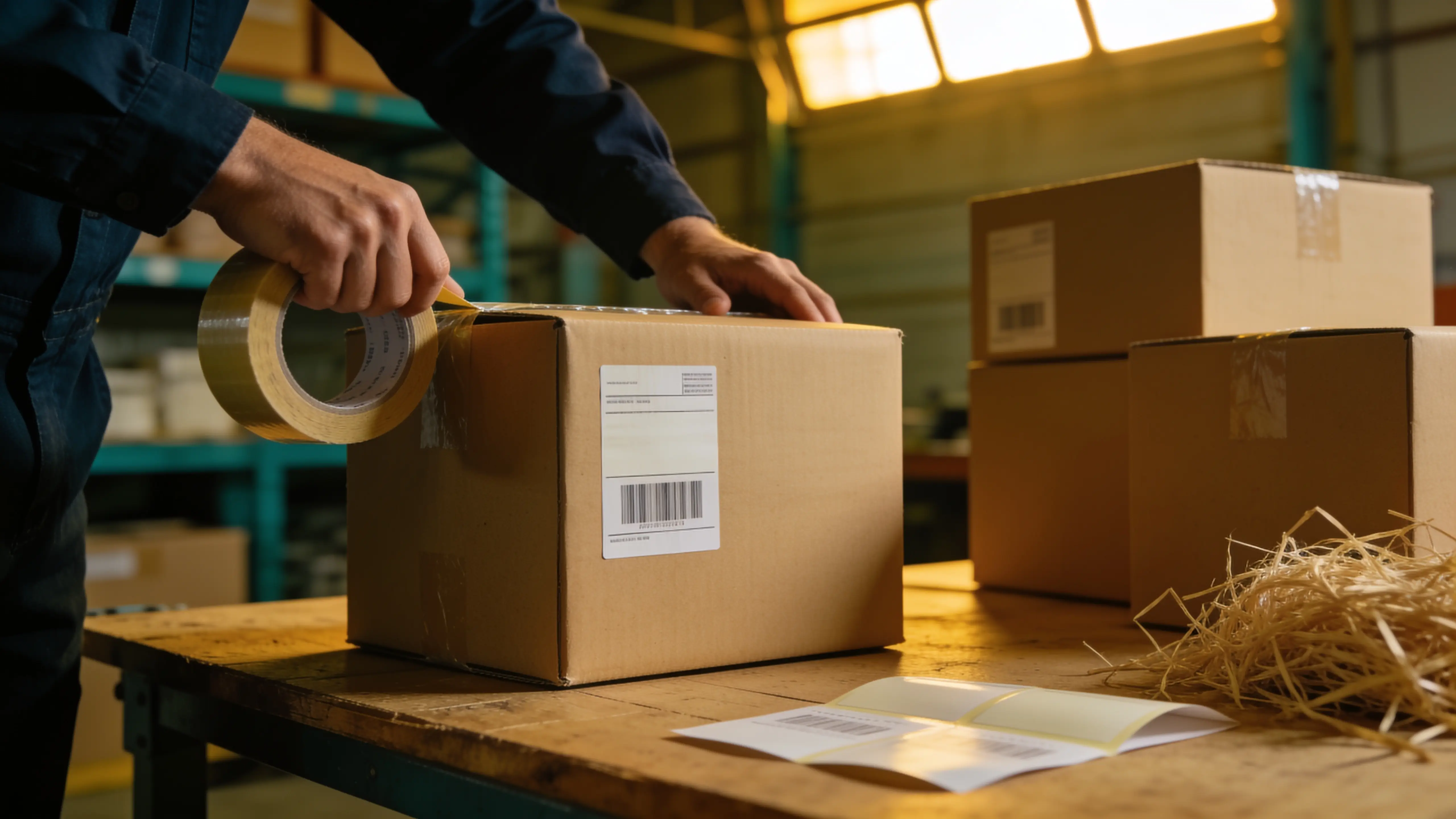 A worker sealing a labelled carton in a packing warehouse