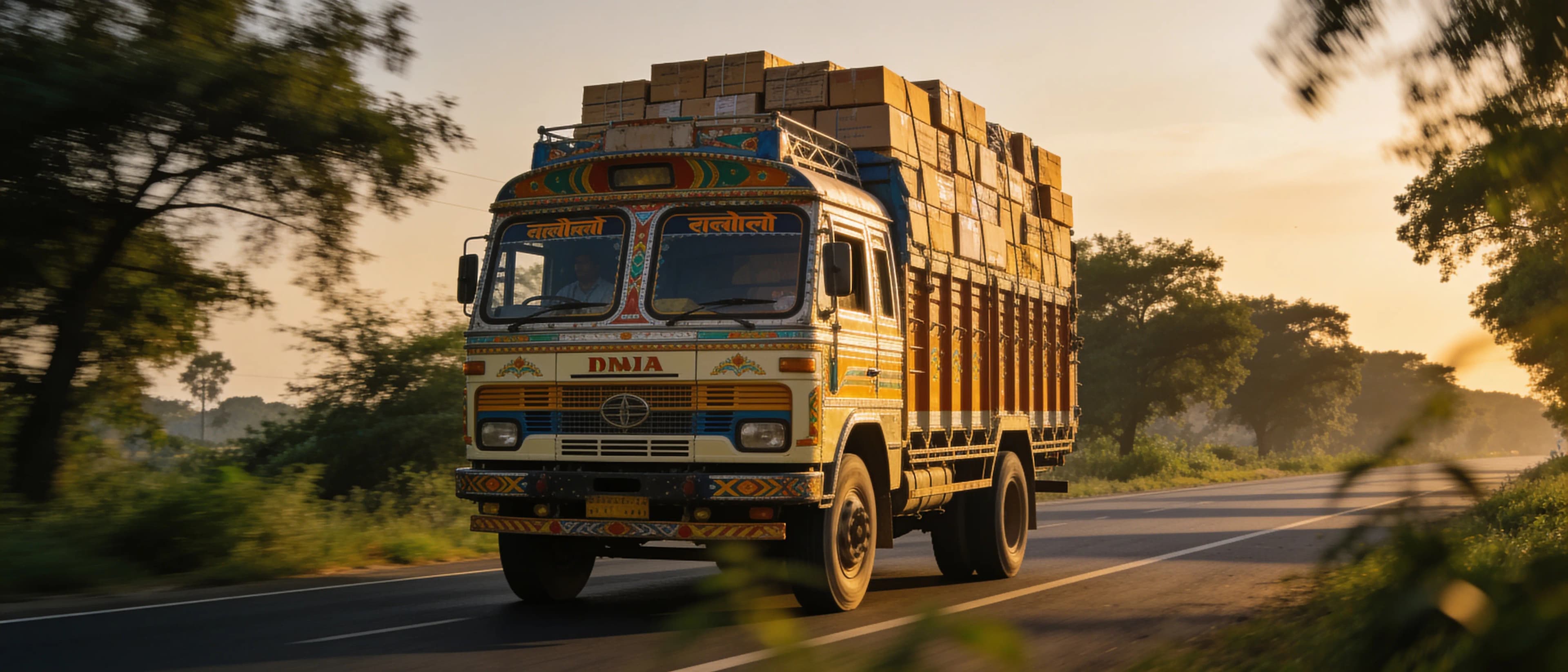 A loaded goods truck on a tree-lined road in India at sunrise
