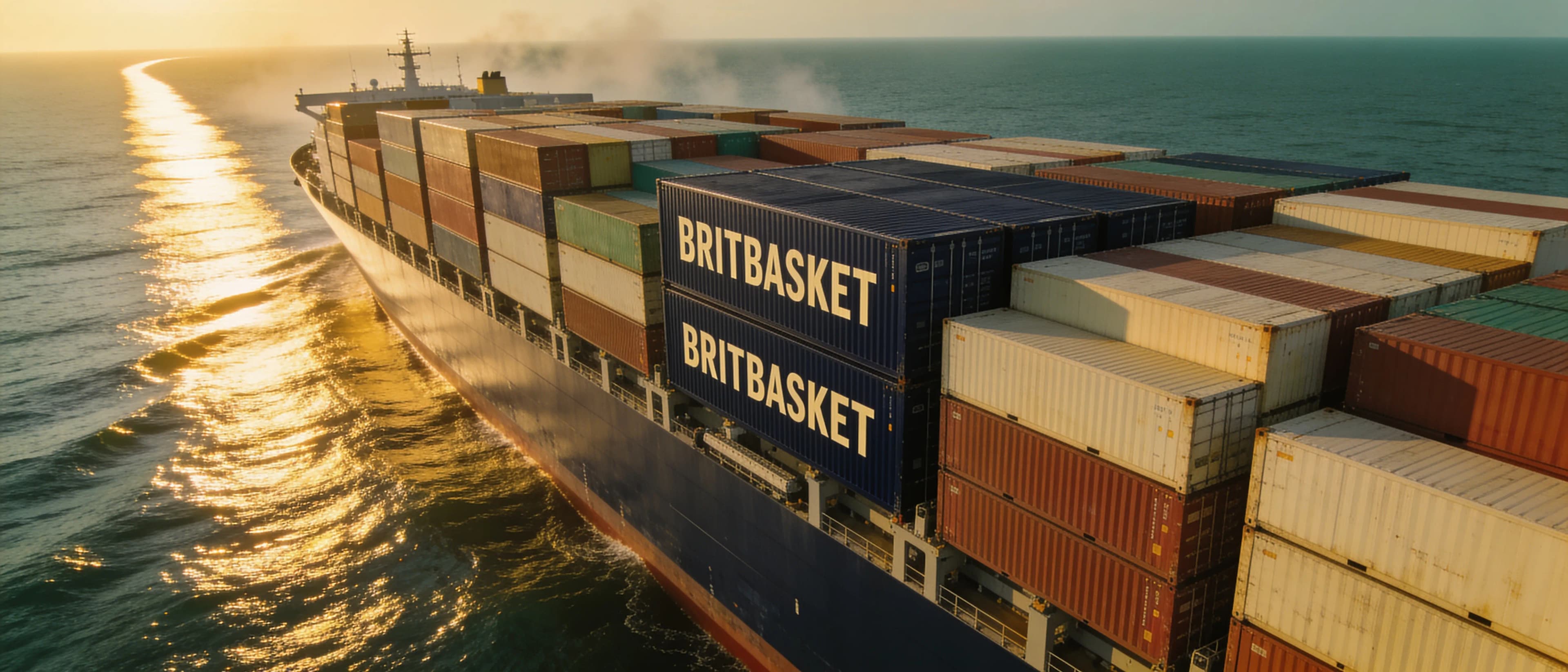 A container ship at sea carrying BRITBASKET containers