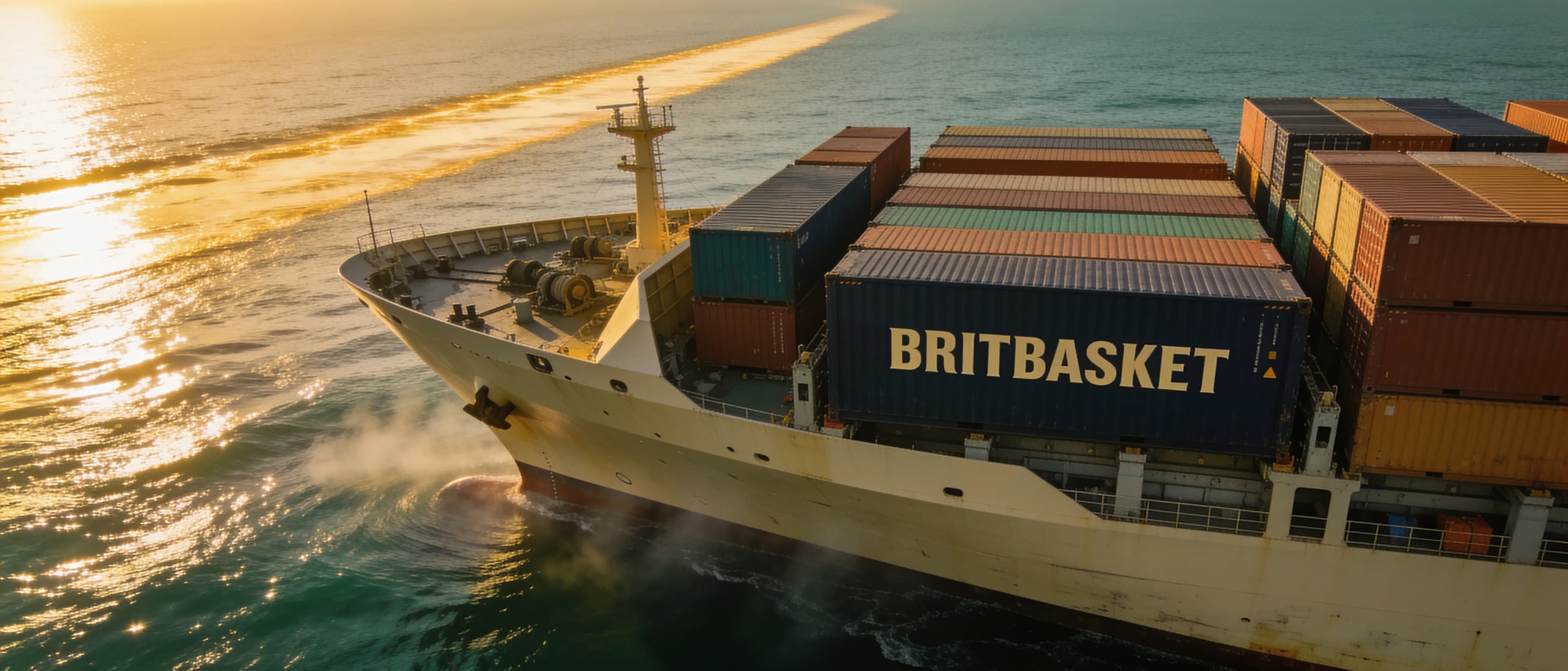 A container ship carrying BRITBASKET containers across a sunlit sea