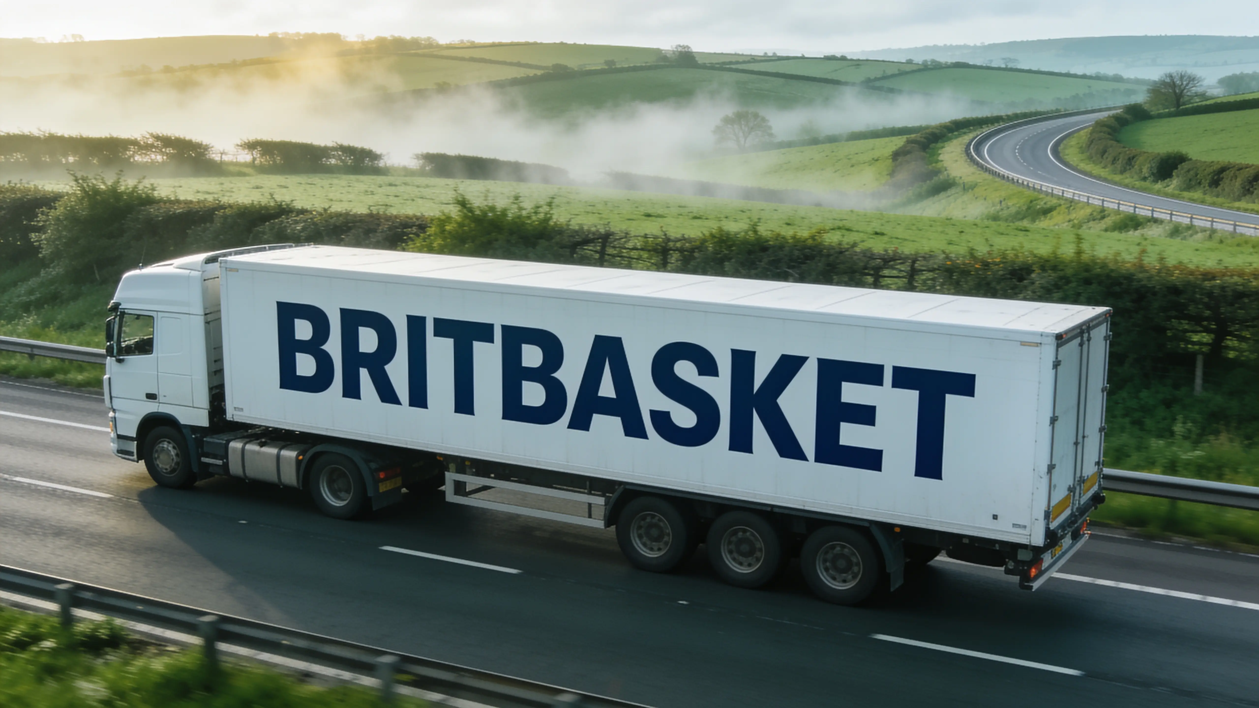 A BRITBASKET lorry on a road through the English countryside
