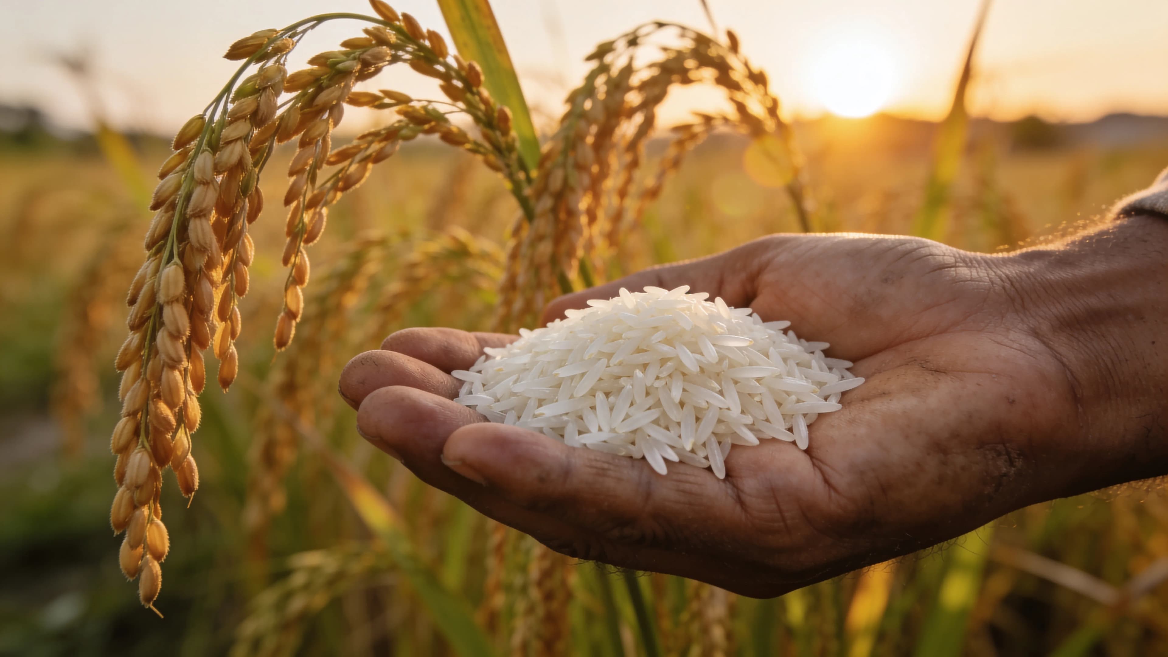 A farmer's hand holding long-grain basmati rice beside ripe paddy