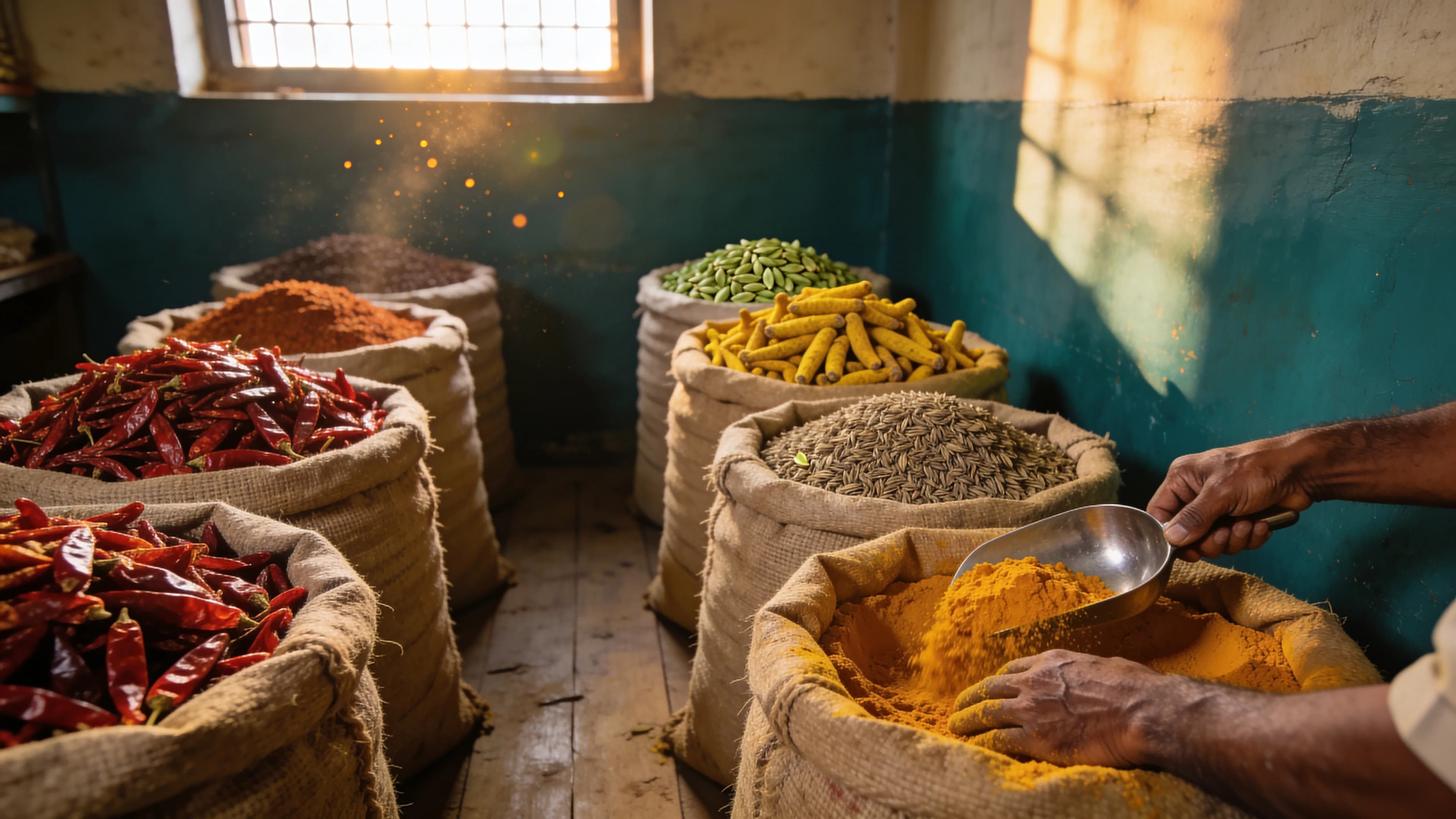 Sacks of dried red chillies, turmeric, cumin and cardamom in a spice warehouse