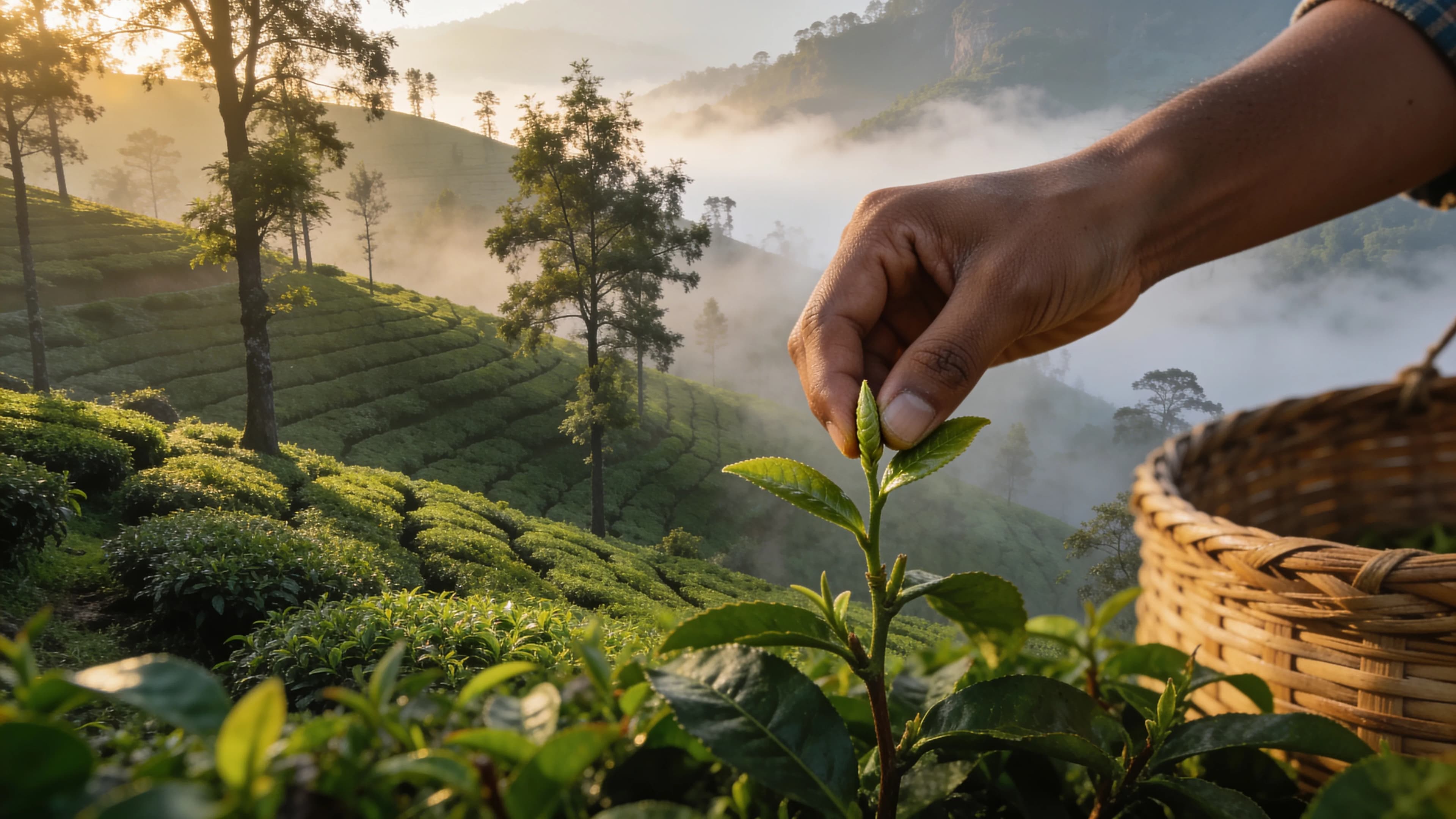 A hand plucking two leaves and a bud in a misty hillside tea garden