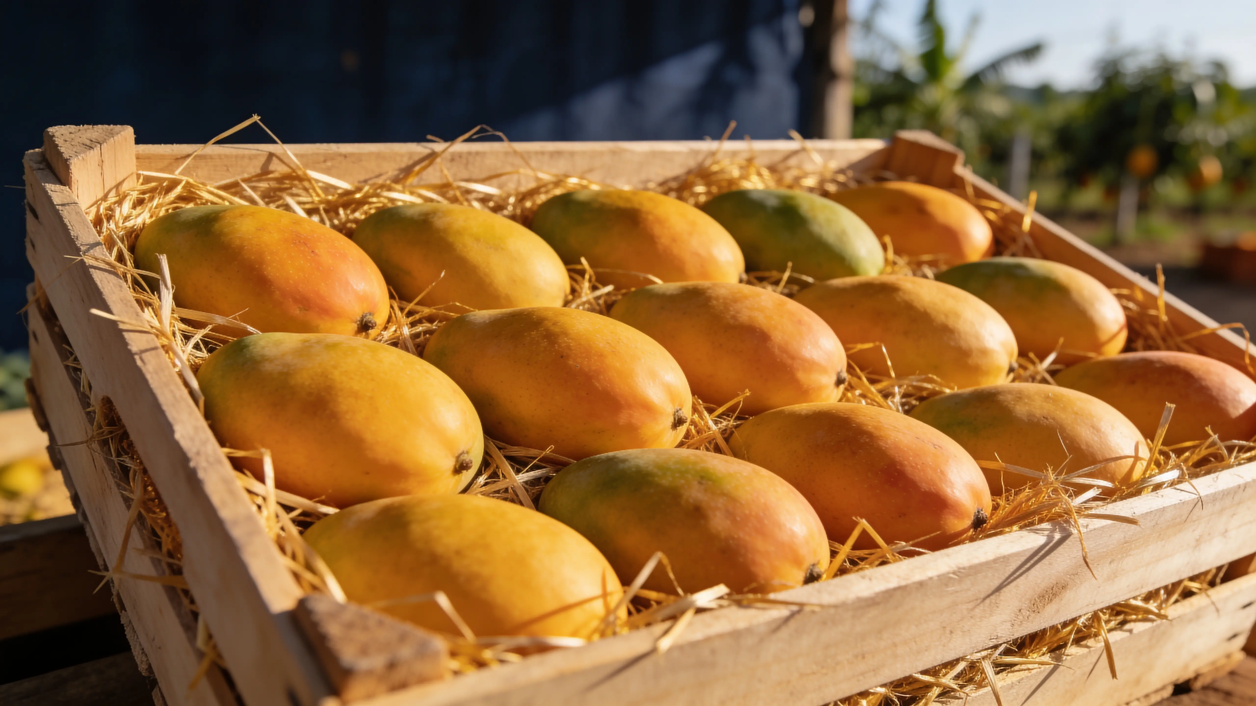 Ripe mangoes packed in straw in a wooden crate