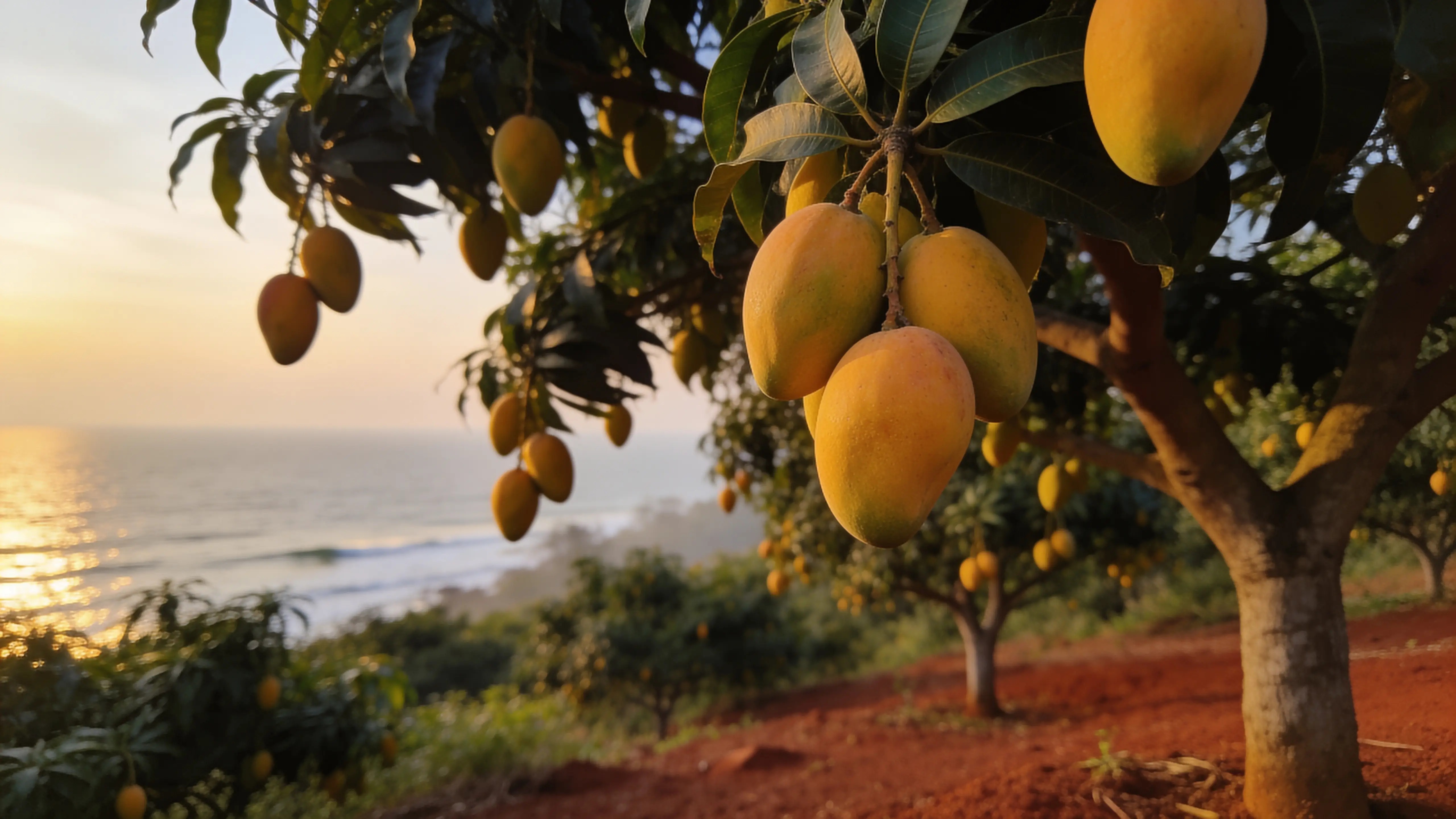 Mangoes ripening on the tree in a coastal orchard at sunset